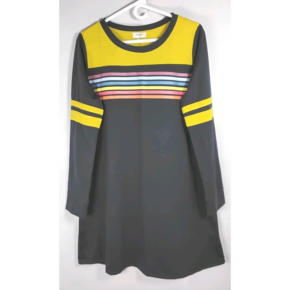 Umgee Jersey Dress Womens‎ Size Medium Long Sleeve Black Rainbow Striped Bodice